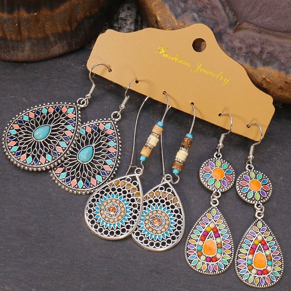 3 Pack Bohemian Colorful Water Drop Earrings - Picture 2 of 5